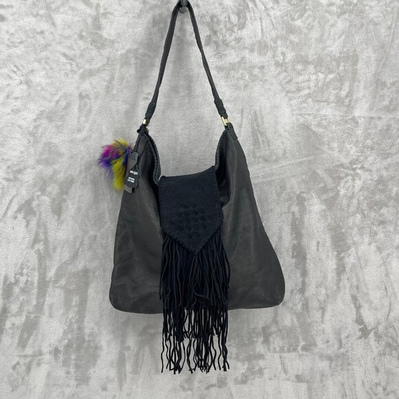 Margot Black Full Grain Leather Suede Fringe Large Hobo Shoulder Bag Boho - Picture 1 of 10